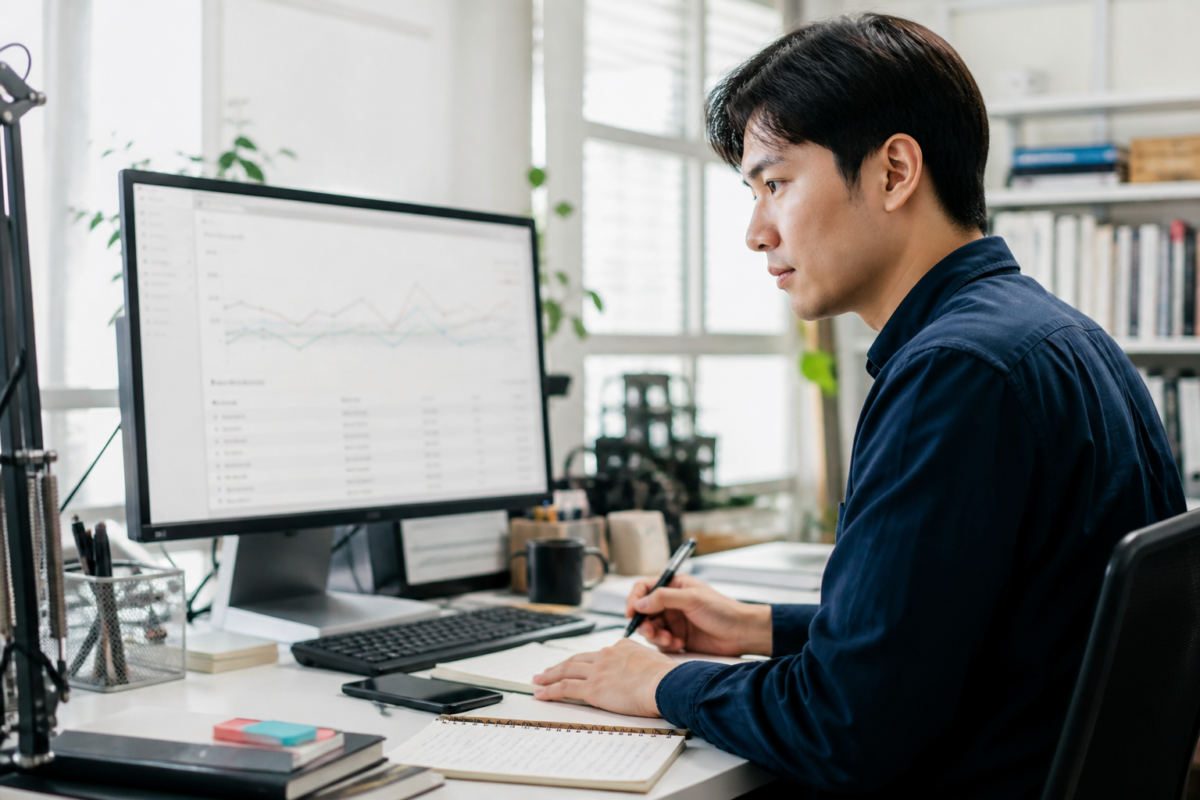 検索パフォーマンスを確認しながら改善点を記録するSEO担当者
