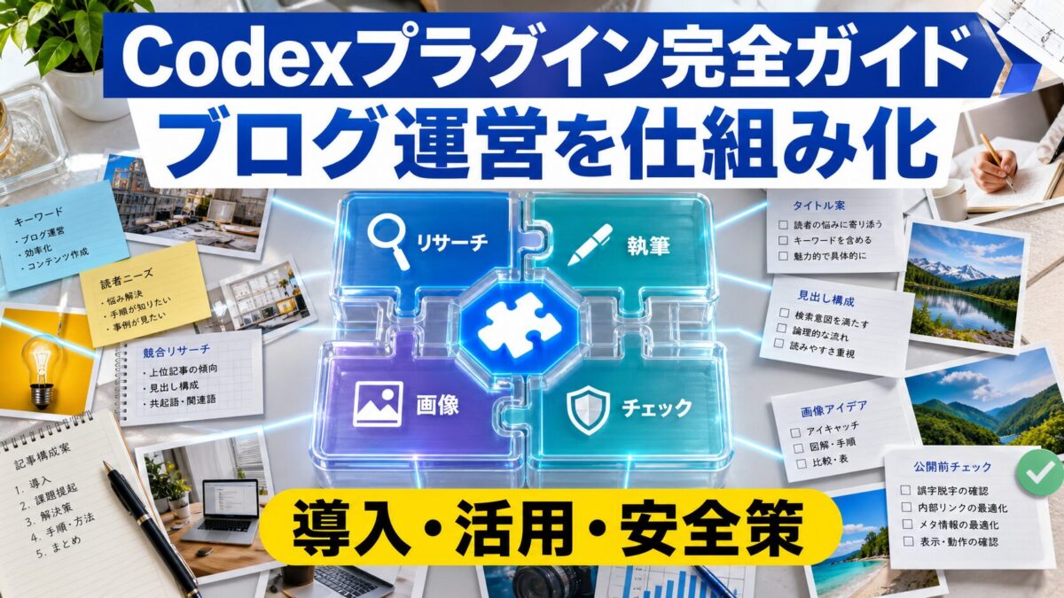 Codexプラグインでブログ運営の調査・執筆・確認をつなぐ方法を示したアイキャッチ