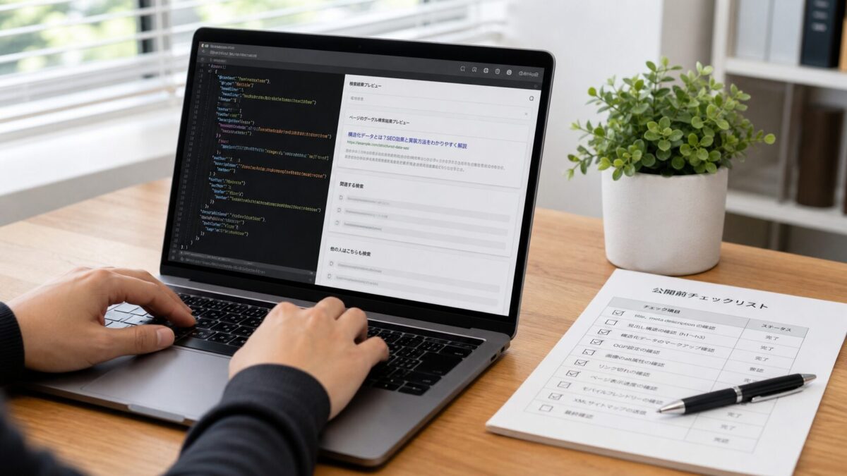 コードと検索結果プレビューを見ながら構造化データの公開前チェックを行う様子