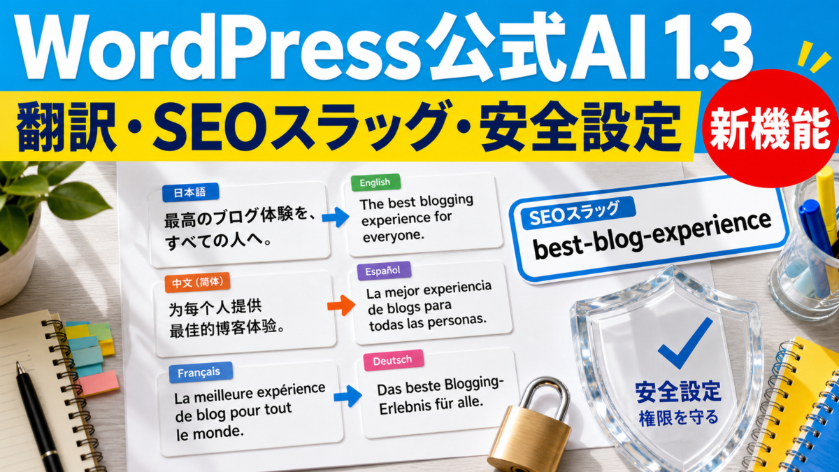 WordPress公式AIプラグイン1.3の翻訳・SEOスラッグ・安全設定を示すアイキャッチ