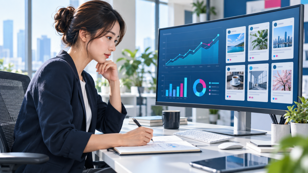 SNS投稿とGoogle検索流入を分析する明るい作業デスク